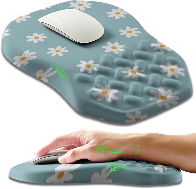 Ergonomic Slope Mouse Pad Wrist Support, Wrist Rest Mousepad for Carpal Tunnel with Massage Bulge and Slow Rebound Memory Foam (12x8 inch, White Flowers)