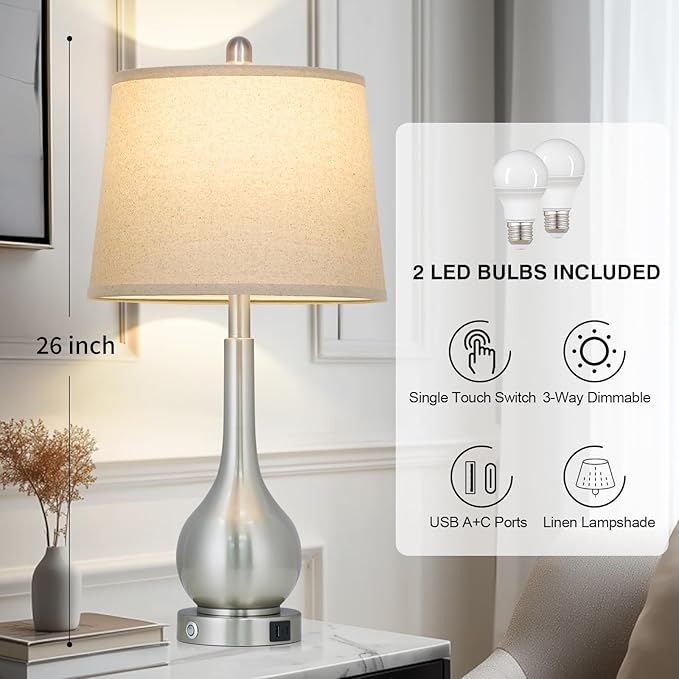 26" Silver Table Lamps Set of 2 for Living Room, Touch Control Bedside Lamp with USB Charging Ports, 3-Way Dimmable Brushed Nickel Bedroom Lamps for Nightstand (2 LED Bulbs Included)