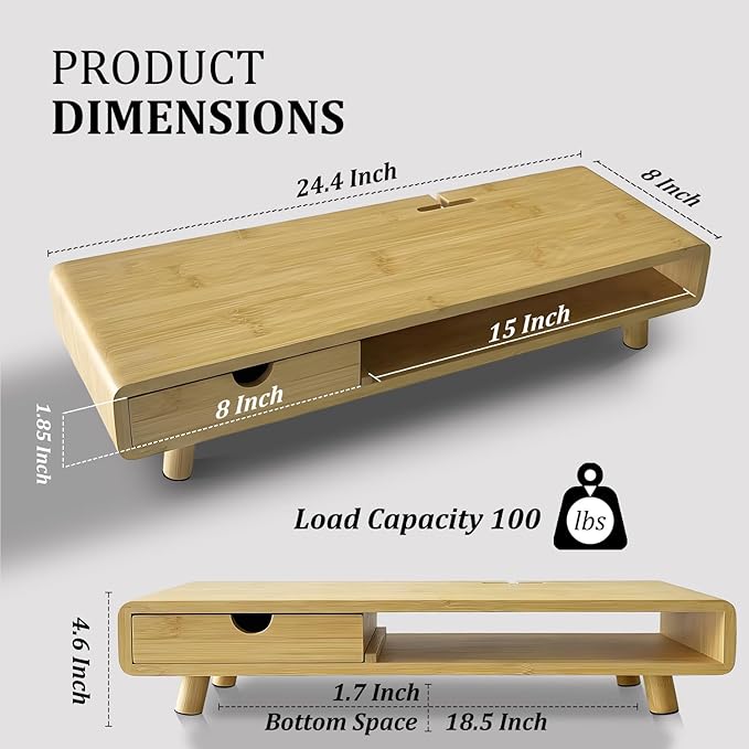 Homerays Monitor Stand with Drawer, Exquisite Computer Monitor Stand for Desk, Ergonomic Wood Monitor Stand Riser for Computer,Laptop,Printer,TV,Upgrade Bamboo