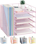 Desk Organizers and Accessories, 5-Tier Paper Letter Tray Organizer with File Holder, Desktop Organizer for Office Supplies (Pink)