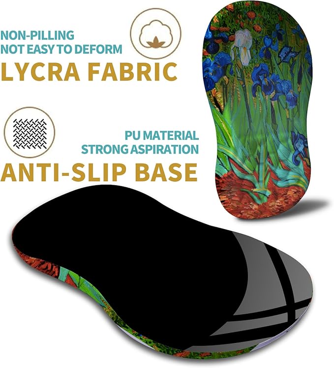Hokafenle Ergonomic Mouse Pad Wrist Support with Massage Design, Wrist Rest Mousepad with Memory Foam&Non-Slip PU Base, Mouse Pads for Wireless Mouse & Desk(12x8 inch,Vangogh Iris Flower)