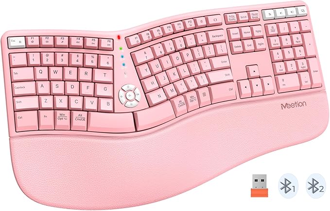 MEETION Ergonomic Keyboard with Cushioned Wrist Rest, Bluetooth Wireless Keyboard Rechargeable, Split Curved Keyboards Natural Typing, Full Size Multi-OS Windows/Mac, Computer/Laptop/Tablet/, Pink