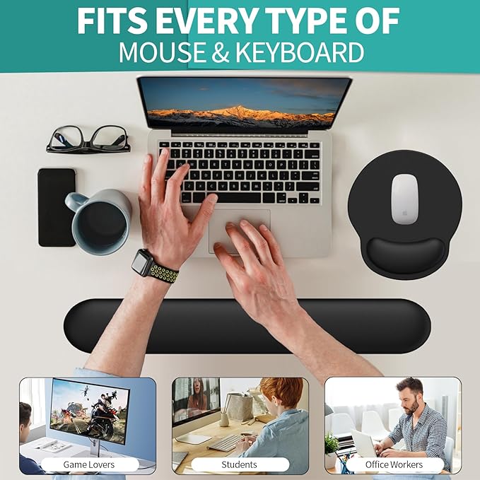 eulps Mouse Pad Wrist Support, Ergonomic Memory Foam Keyboard Wrist Pad & Gel Wrist Rest Set for Computer Keyboard for Easy Typing for Office & Home(Black Set)