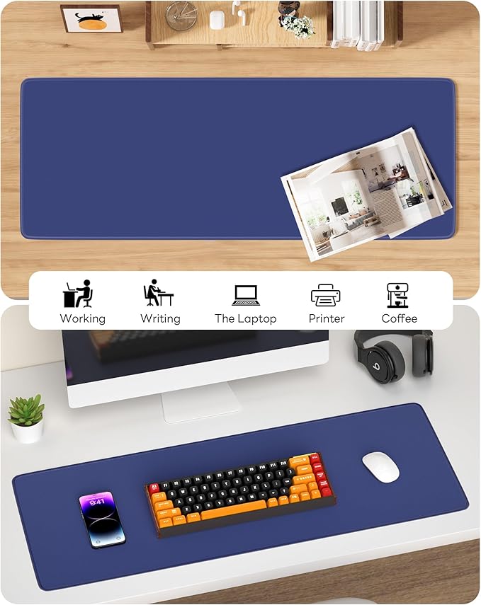 Blue Mouse Pad, 31.5 x 11.8 Large Desk Mat with Stitched Edges & Non-Slip Base, Mousepad for Office, Home, Work