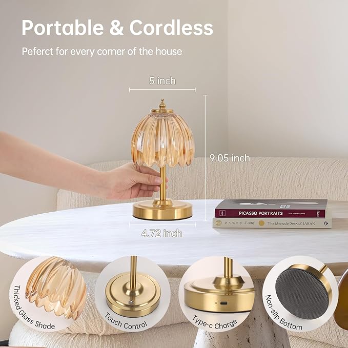 Set of 2 Tulip Table Lamp with 5200mAh Battery & Touch Control, Cordless Small Table Lamp with 3 Colors, Rechargeable Battery Operated Table Lamps for Nightstand, Bedroom (Amber Tulip)