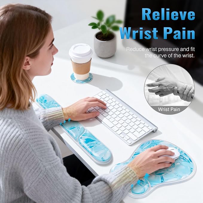 Ospelelf Mouse Pad with Wrist Rest Set Gel Ergonomic Keyboard Wrist Support Anti-Slip Rubber Bottom Office Women Desk Accessories for Computer, Laptop and Gaming, Ice Blue