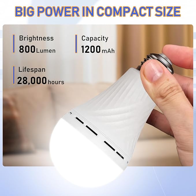 Neporal LITE Emergency Rechargeable Light Bulbs A19, Light Up to 48 hrs, Battery Operated Light Bulb, 5000K E26 LED Bulb, Emergency Lights for Home Power Failure (Soft White-6PK, 12, Watts)