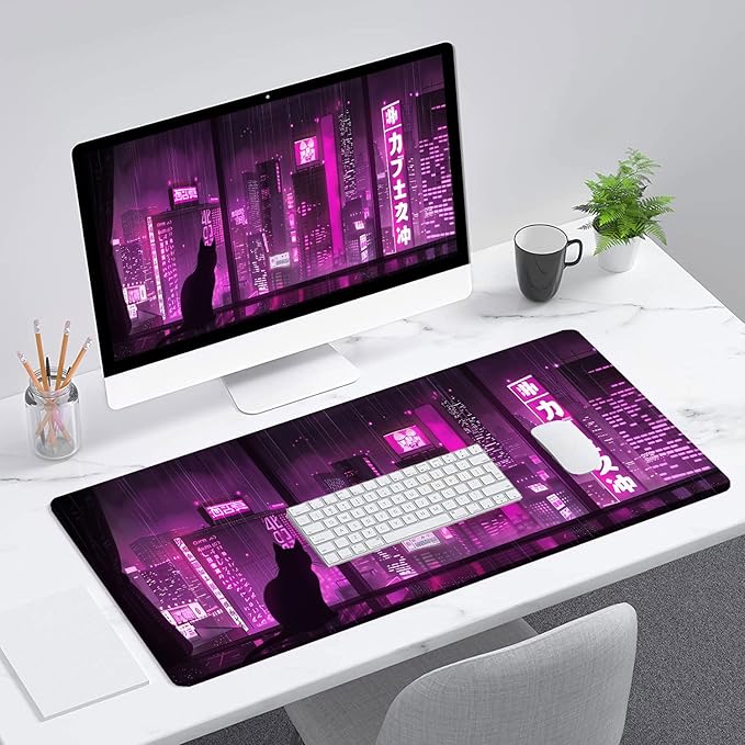 Purple Anime Desk Pad Mouse Pad Japanese Cat Night Tokyo Extended Gaming Mouse Pad Mat with Stitched Edge Non-Slip Base Big Mouse Pad 31.5"x11.8" Office Computer Keyboard Laptop Home