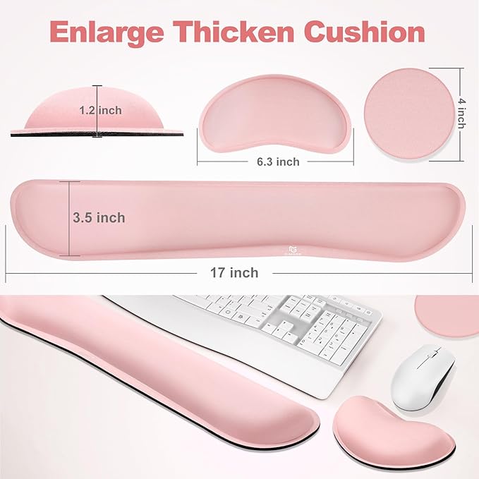 Gimars Upgrade Cleanable PU Leather Keyboard Wrist Pillow Rest Pad, Enlarge Mouse Wrist Cushion Support for Office, Computer, Laptop, Mac, Durable, Comfortable, Pink