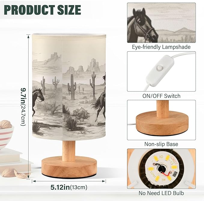 Western Cowboy Bedside Table Lamp for Bedroom Nightstand, Small Eye Care LED Desk Reading Lamp USB Port Wood Base Round Flaxen Fabric Shade for for Kids Room Living Room Office Desk