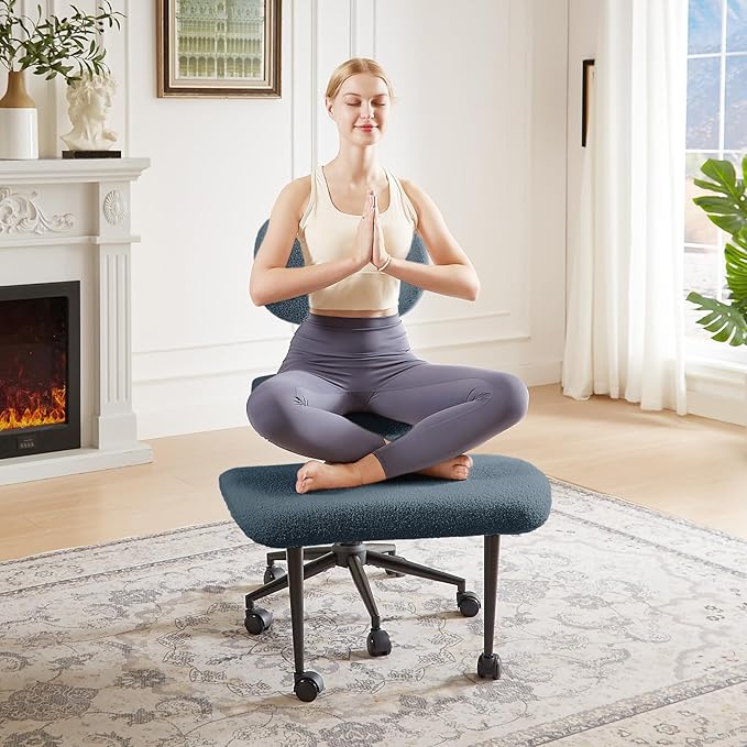 Ergonomic Cross Legged Chair for ADHD, Meditation Chair with 360° Swivel Wheels, Kneeling Office Chair with Back Support, Strong Lumbar Support, Teddy Fabric, Bule