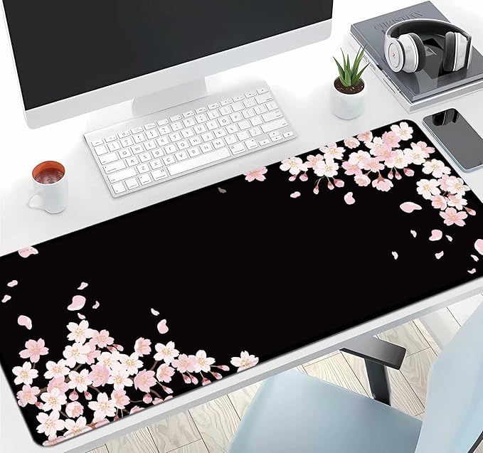 IMAYONDIA Sakura Japanese Desk Mat, Cherry Blossom Large Gaming Mouse Pad, Black Elegant Floral Mousepad for Women, Minimalistic Flower Aesthetic Desk Pad for Work, Game, Office, 31.5x11.8