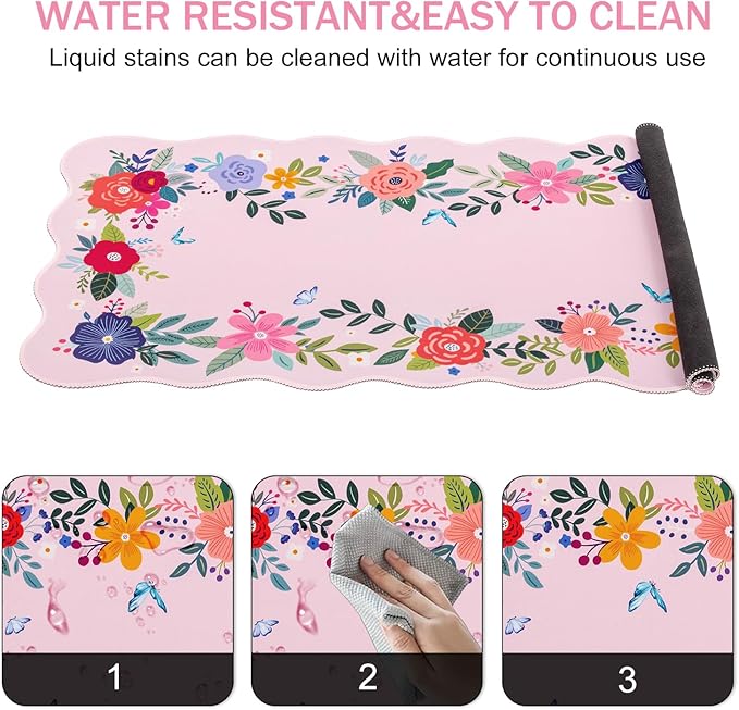 L-SPOUTTO Pink Mouse Pad,Floral Desk Mat XXL Large Scalloped Gaming Mousepad,35.4x15.7in Non-Slip Rubber Base Keyboard Pad Waterproof Girly Desktop Mat for Laptop Computer Game Home Office-Pink Floral