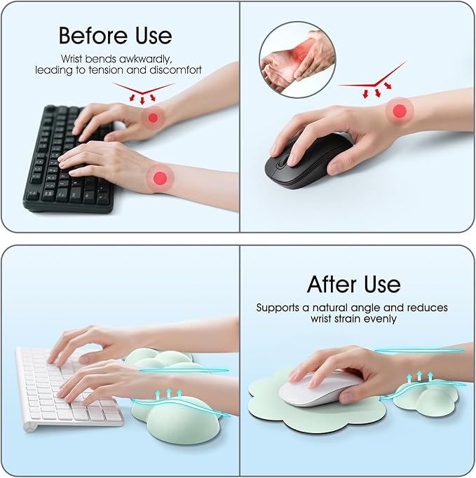 Cloud Wrist Rest Keyboard Cushion, 4-in-1 Ergonomic Cloud Keyboard Wrist Rest and Mouse Pad Set with Memory Foam Arm Support for Palm, Cute Desk Accessory for PC Gaming Setup, Light Green