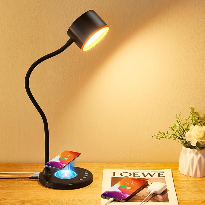 KAiSnova Desk Lamp for Office Home, Gooseneck Desk Lamp with Wireless Charger, Touch Table Lamp with USB C+A Charging Ports, 5 Colors Dimmable Bedside Reading Lamp for College Dorm Room Black