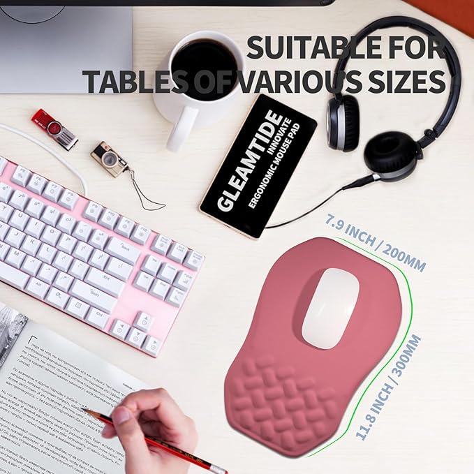 Ergonomic Raised Mouse Pad Wrist Support with Bilateral Slope Memory Foam Mousepad for Wrist Rest and Carpal Tunnel 11.8x7.9〃 Melon Pink