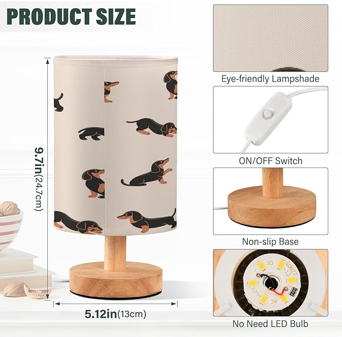 Cute Dachshund Dog Bedside Table Lamp for Bedroom Nightstand, Small Eye Care LED Desk Reading Lamp USB Port Wood Base Round Flaxen Fabric Shade for for Kids Room Living Room Office Desk