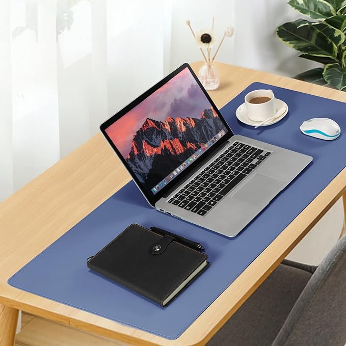 Faux Leather Desk Pad Blotter,Water and Slip Resistant Writing Desk Protector Mat,Blue Large Mouse Pad for Desktop/Office Home Table Cover,36x17 in