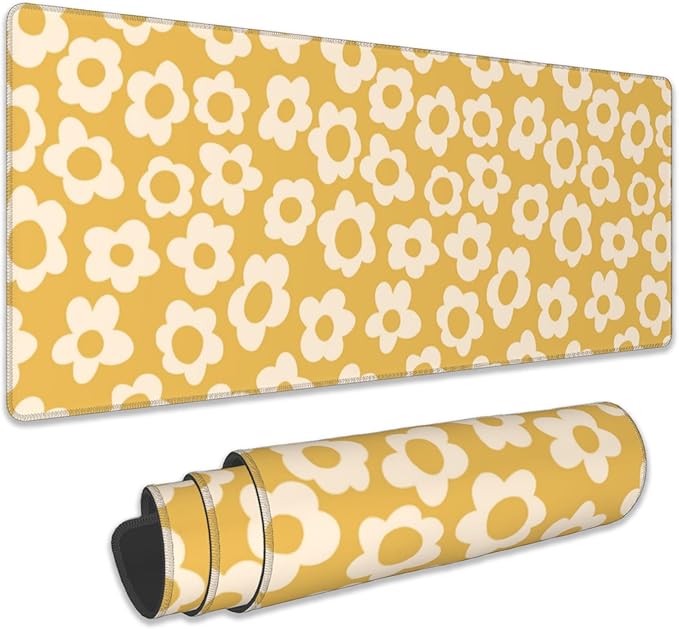 Desk Mat, Vintage Groovy Yellow Flowers Extended Gaming Mouse Pad Large, Big Desk Mat with Non-Slip Base and Stitched Edge, Long Computer Keyboard Mouse Mat for Home Office Work 31.5"x11.8"