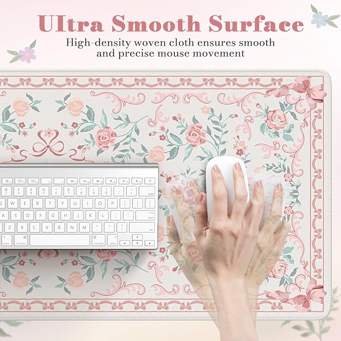 HAOCOO Pink Desk Mat for Keyboard and Mouse, Non-Slip Large Mouse Pad, Cute Bow Desk Matt for Desktop, Computer Mat with Edge Stitching for Office, Waterproof Desktop Protection