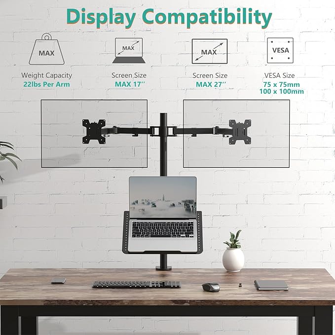 WALI Triple Arm Laptop and Dual Monitor Desk Mount for 17" Notebook and Up to 27" Screens, Extra Tall Adjustable Monitor Stand with Laptop Tray, VESA 75x75 100x100, Black (M002XLLP)