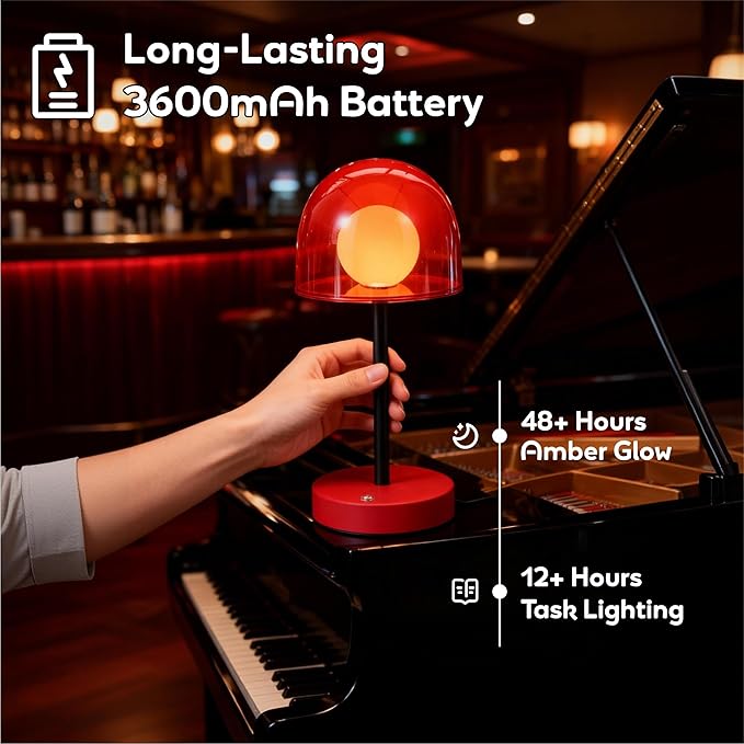 Small Mushroom Lamp Cordless, LED Wireless Mini Lamp Dimmable, Funky Battery Powered Lamp IP44, Orange Accent Lamp for Kitchen Counter Bathroom Dining Room, 7.7" W x 10.6" H (Reddish Orange)