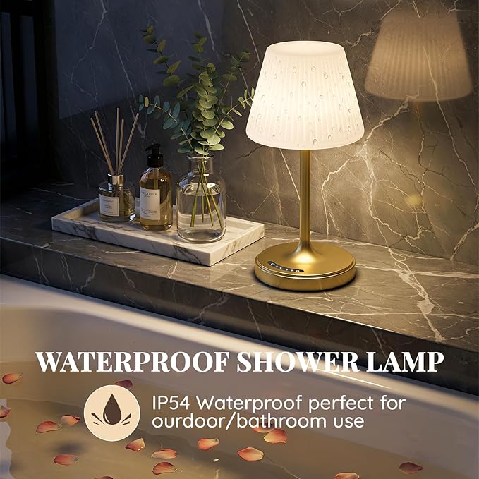 Cordless Table Lamp, Waterproof Shower Lamp, 4000mAh Rechargeable Table Lamps, 3-Color Dimmable Light, Battery Operated Lamp Desk Night Lamp for Bathroom Bedroom Patio Camping Restaurant (Gold)