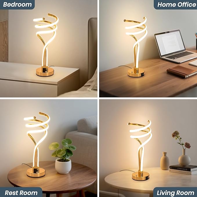 ElDISUNY Modern LED Table Lamp, 3 Color Temperatures,Touch Control CurveDimmable Bedside Table Lamps with USB Ports, Touch Control LED NightstandLamp, Desk Lamp for Living Room, Bedroom (Gold)