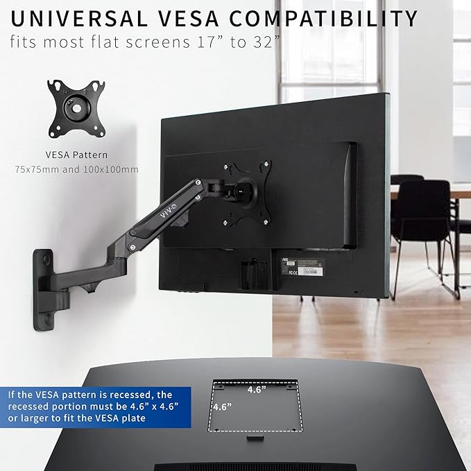 VIVO Premium Aluminum Single LCD Monitor Wall Mount for Screens up to 32 inches, Pneumatic Adjustable Arm fits up to VESA 100x100, MOUNT-G100B