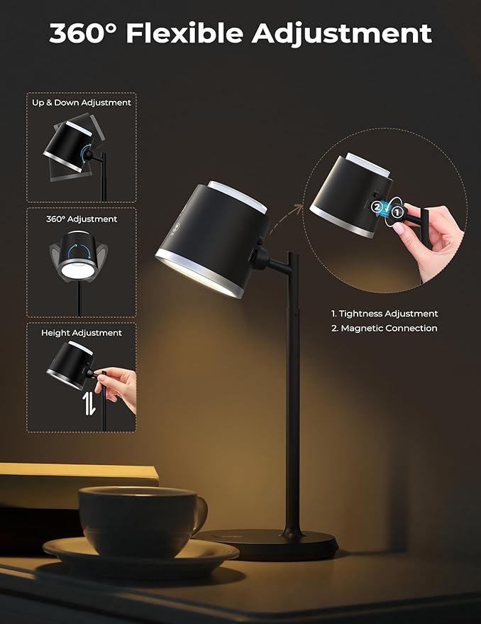Modular LED Desk Lamp for Home Office, Eye-Caring Table Lamp Dimmable Rechargeable with 360°Adjustable Head, 3 Color Temperatures & Stepless Brightness, Touch Control & Memory, Multi-Scene Use, Bkack