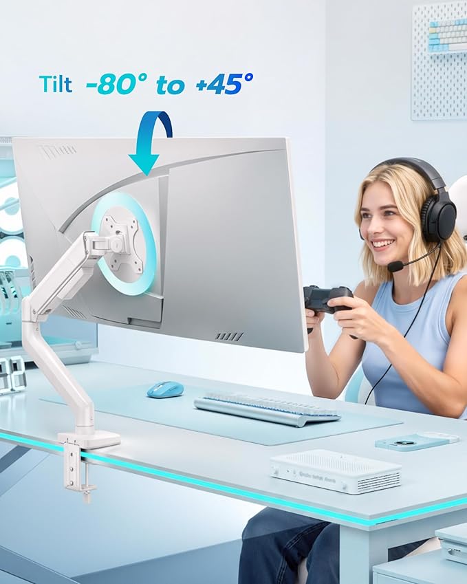 ARES WING Heavy Duty Single Monitor Arm - Fully Adjustable Monitor Mount for 17"-40" Ultrawide Screens up to 26.4 lbs with Clamp/Grommet Desk Mount, 75/100 Vesa Mount, White