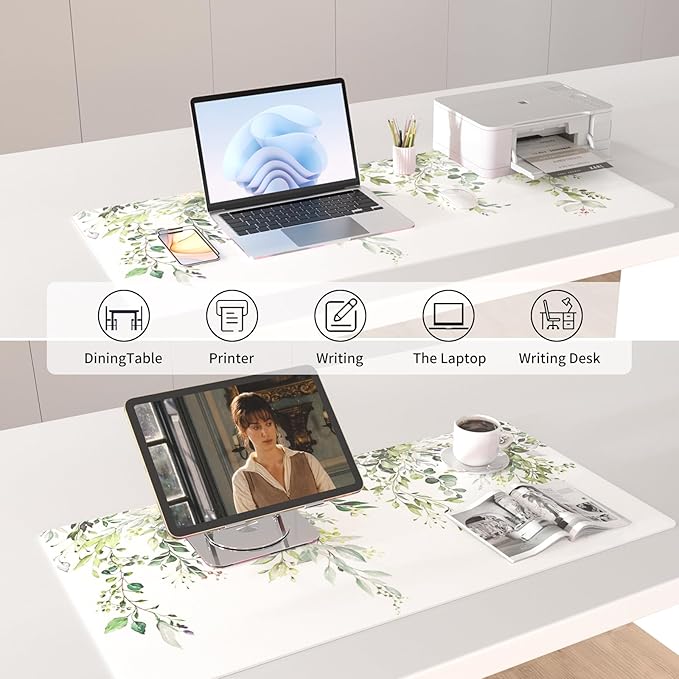 Colorful Star Large Mouse Pad, Green Leaves Waterproof Office Desk Mat, Non-Slip Gaming Mouse Pad, XXL PC Laptop Protector Pads, PU Leather Desk Writing Pads for Office Home, 31.5" x 15.7"