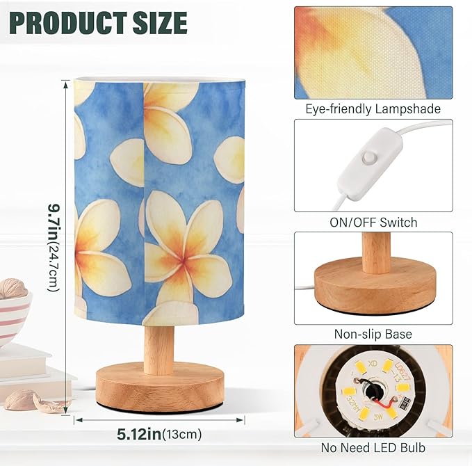 Frangipani LED Table Lamp, Bedside Lamp with Linen Lampshade, Flicker-Free Eye Care USB Plug in Nightstand Lamp, for Bedroom and Office