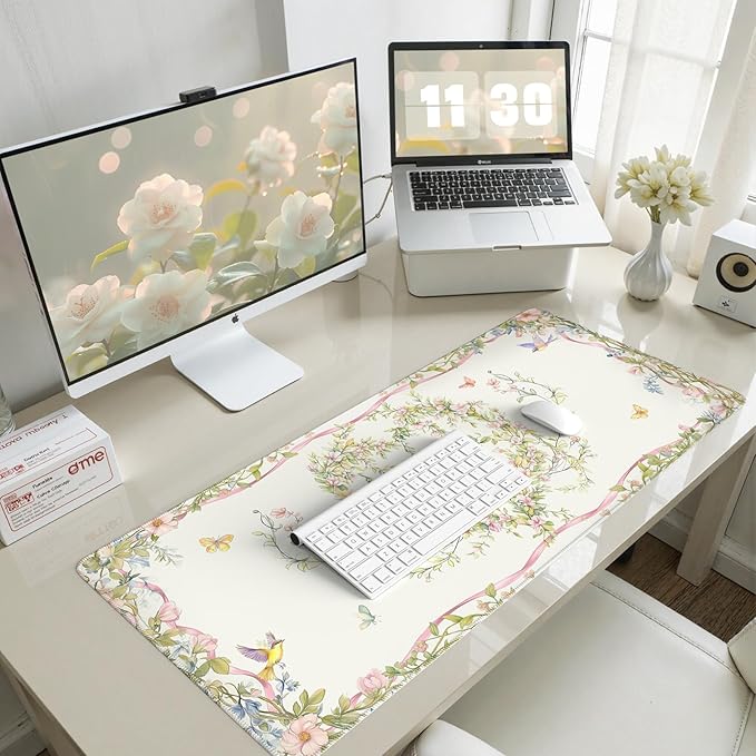 HAOCOO Floral Bow Cute Desk Mat,Sweet Heart Keyboard Mats for Desk, XXL Mouse Pad with Non-Slip Rubber Base, Desk Pad Mat with Stitched Edges, Waterproof Computer Mats for Desktop, Desk Pad Protector