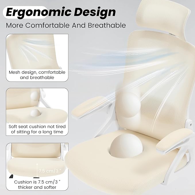 Fizzin Ergonomic Office Chair, 400 LBS Computer Chairs with Adjustable Lumbar Support, Breathable Mesh Desk Chair Ergonomic with Thickened Cushion, Comfy Home Office Desk Chair (Buff Beige)