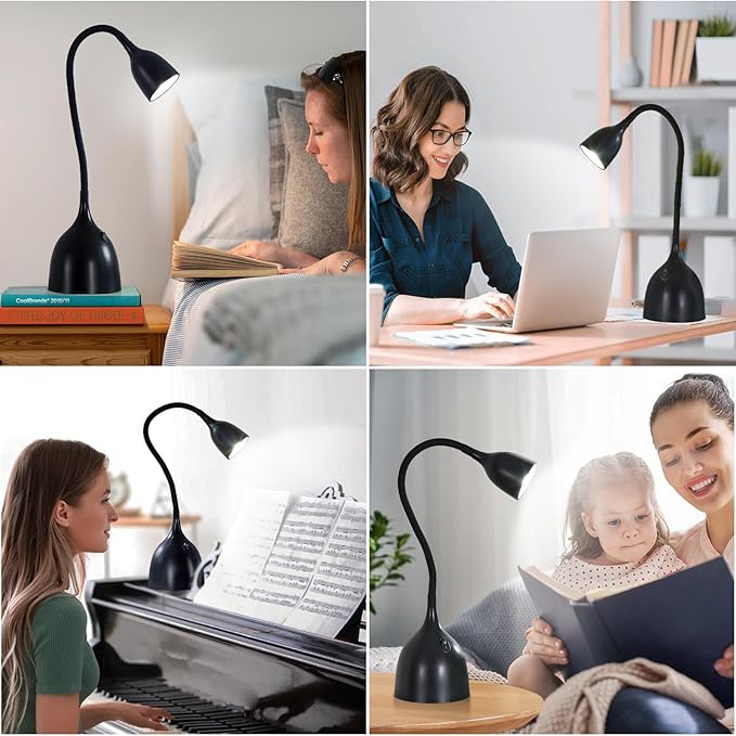 Desk Lamp for Home Office, LED Reading Light, Small Adjustable Flexible Gooseneck Table Lamp, Eye-Caring Desk Lamp for College Dorm Room Study Lamp, Black