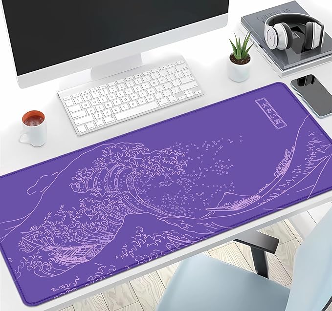 IMAYONDIA Great Wave Large Gaming Mouse Pad, Purple Minimalist Japanese Desk Mat, Gamer Aesthetic Extended Mousepad Cute, Non-Slip Rubber Base Lilac Desk Pad for Office- 31.5 X 11.8 Inch