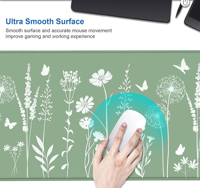 IMAYONDIA Cute Sage Green Desk Mats Mousepad, Plant Floral Anime Deskmat, Aesthetic Desk Pad, Minimalist Mint White Leaves Large Gaming Mouse Pad, Decor Accessories, 31.5 X 11.8