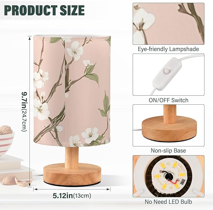 Pink Floral LED Table Lamp, Bedside Lamp with Linen Lampshade, Flicker-Free Eye Care USB Plug in Nightstand Lamp, for Bedroom and Office