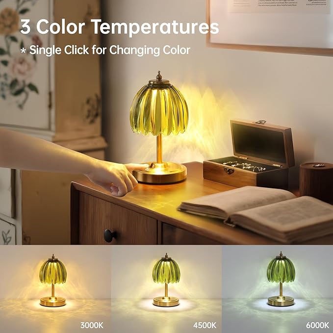 Set of 2 Tulip Table Lamp with 5200mAh Battery & Touch Control, Cordless Small Table Lamp with 3 Colors, Rechargeable Battery Operated Table Lamps for Nightstand, Bedroom (Green Tulip)