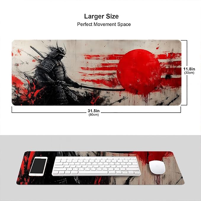 Japanese Samurai Desk Mat Anime Graffiti Large Gaming Mouse Mat with Stitched Edges,Non-Slip Waterproof Rubber Base Mous Mat 31.5"x11.8" Office Computer Keyboard Laptop Home