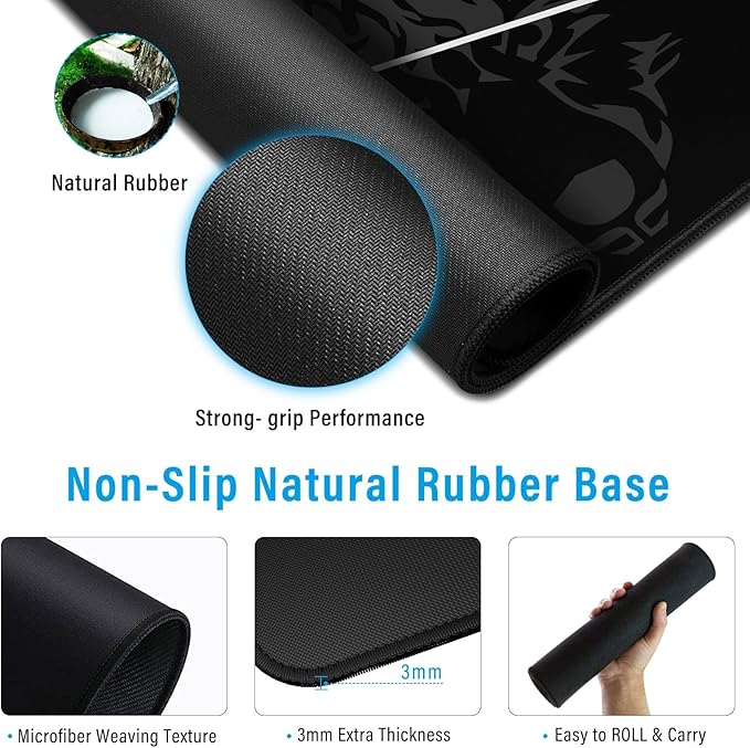Large Gmaing Mouse Pad with Stitched Edges, Superior Micro-Weave Cloth, Non-Slip Base, Size 35.4 X 15.7X 0.12inches - Black Gray Wolf Head