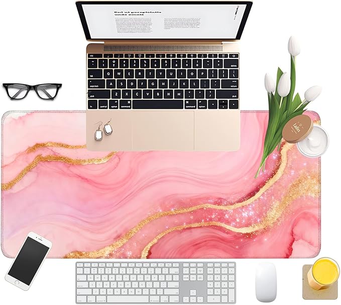 Pink Marble Extended Gaming Mouse Pad 31.5x11.8inches Large Desk Mat Anti-Slip Rubber Base & Durable Stitched Edges for Gamers Smooth Mouse Writing Surface for Desk Office/Home