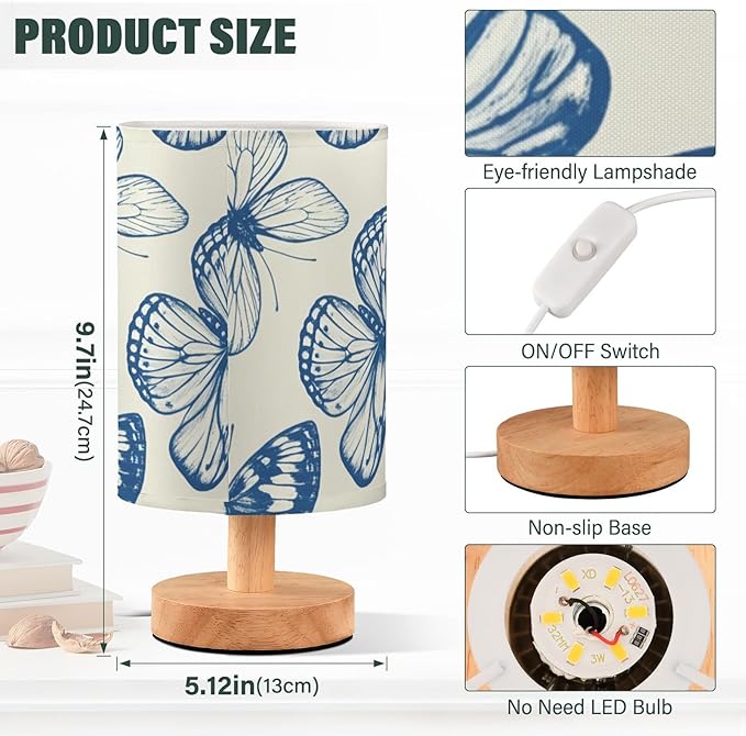 Blue Sketch Butterfly LED Table Lamp, Bedside Lamp with Linen Lampshade, Flicker-Free Eye Care USB Plug in Nightstand Lamp, for Bedroom and Office