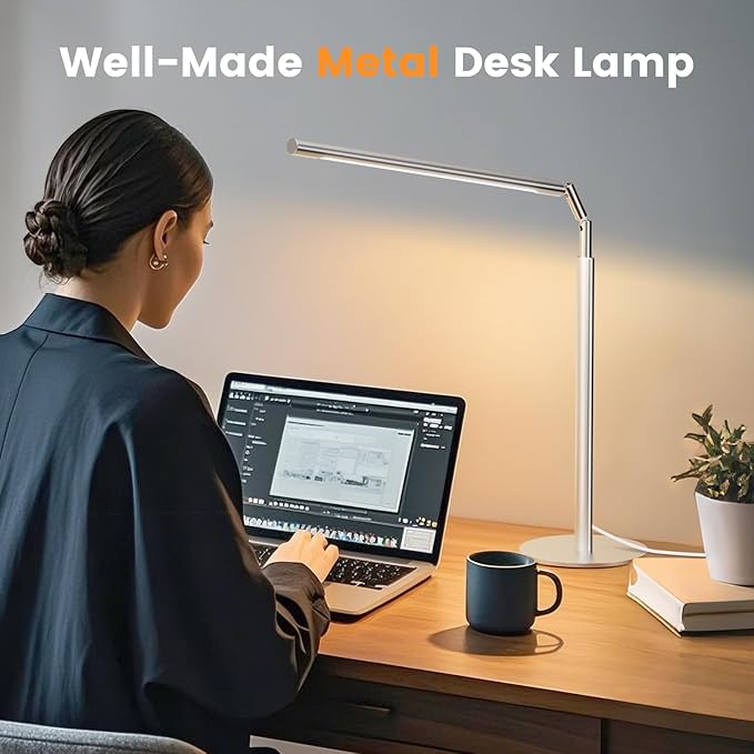Metal Desk Lamp for Home Office - 16'' Foldable LED Desk Light for Reading, 4 Color Temps, 15W 1200Lm Dimmable Table Lamp with Flexible Arm, Task Lamp for College Dorm Study Painting, Silver