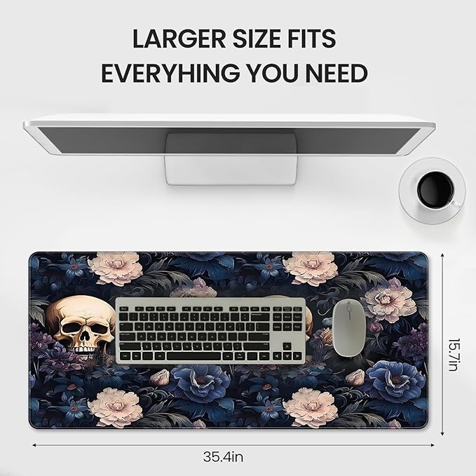 XXL Gaming Mouse Pad, Skull Rose Floral Design, 35.4 x 15.7 Inches, Non-Slip Rubber Base, Microfiber Cloth, Extended Rectangular Desk Mat