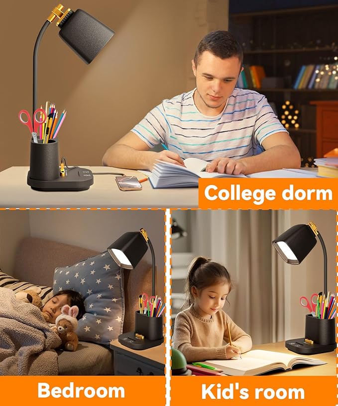 Desk Lamp with USB Charging Ports & Organizer, Small Table Lamps for Home Office/Bedroom/College Dorm Room, Eye-Caring LED Light W/USB Charger for Study/Reading/Artists/Work/Task,Gooseneck Desk Light