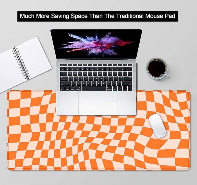 Orange Checkered Large Mouse Pad, Boho Pink Desk Mat Pad, Extended Kawaii Mousepad Stitched Edges Keyboard Mouse Mat, Desk Accessories for Women Office Gaming Decor, 35.4 x 15.7 in