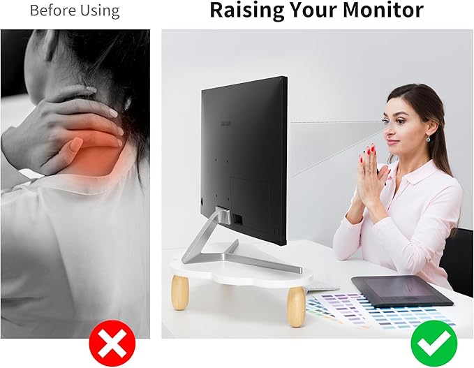 Monitor Stand Riser,Cloud-Shaped Sturdy Wood 16.5In Computer Monitor Riser Wirh Drawer, Multi-Purpose Desktop Organizer Riser for Computer,Laptop,Printer,TV,White