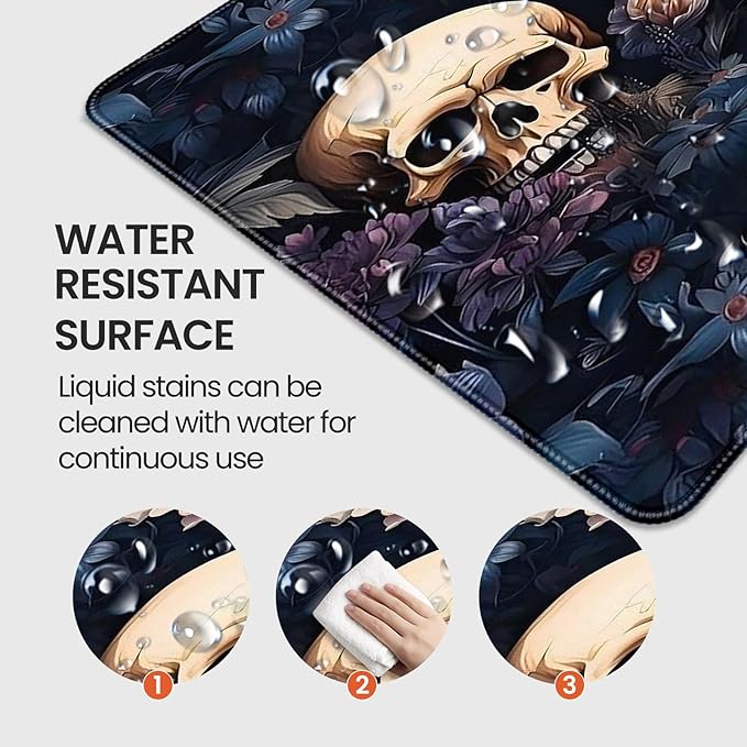 XXL Gaming Mouse Pad, Skull Rose Floral Design, 35.4 x 15.7 Inches, Non-Slip Rubber Base, Microfiber Cloth, Extended Rectangular Desk Mat